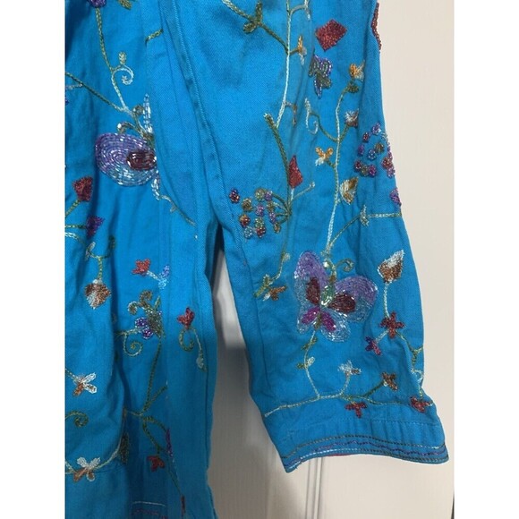 The Quacker Factory Aqua Blue Embroidered And Beaded Floral & Butterfly Jacket M - Picture 3 of 9